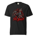 Black T-shirt with a dark horror figure in a hat and elongated claws holding a skateboard above distressed red “STAY BOARDIN’” lettering.
