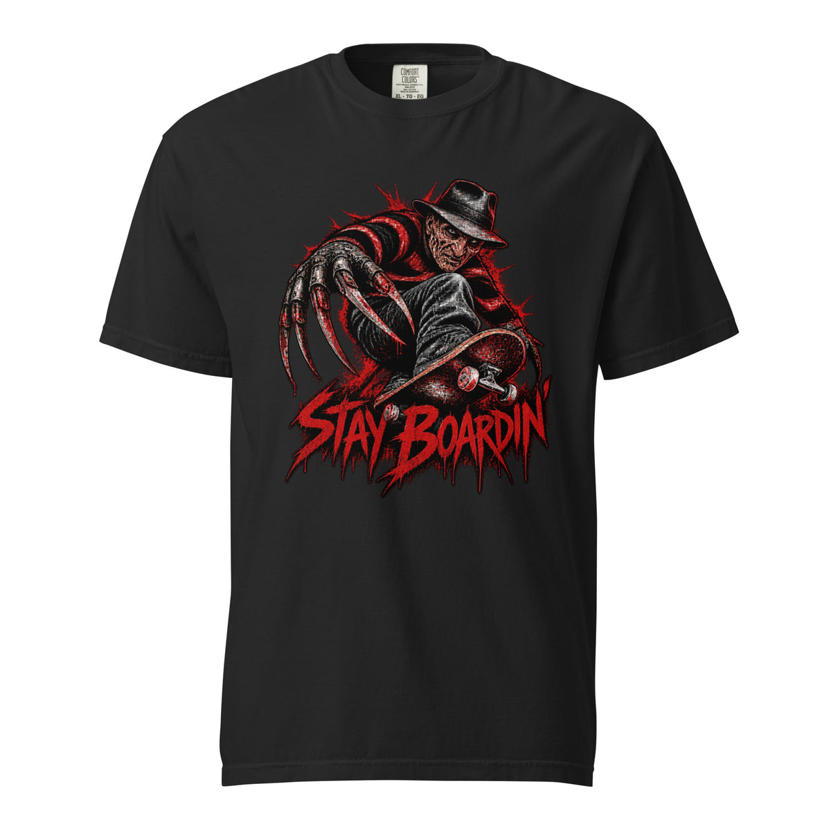 Black T-shirt with a dark horror figure in a hat and elongated claws holding a skateboard above distressed red “STAY BOARDIN’” lettering.