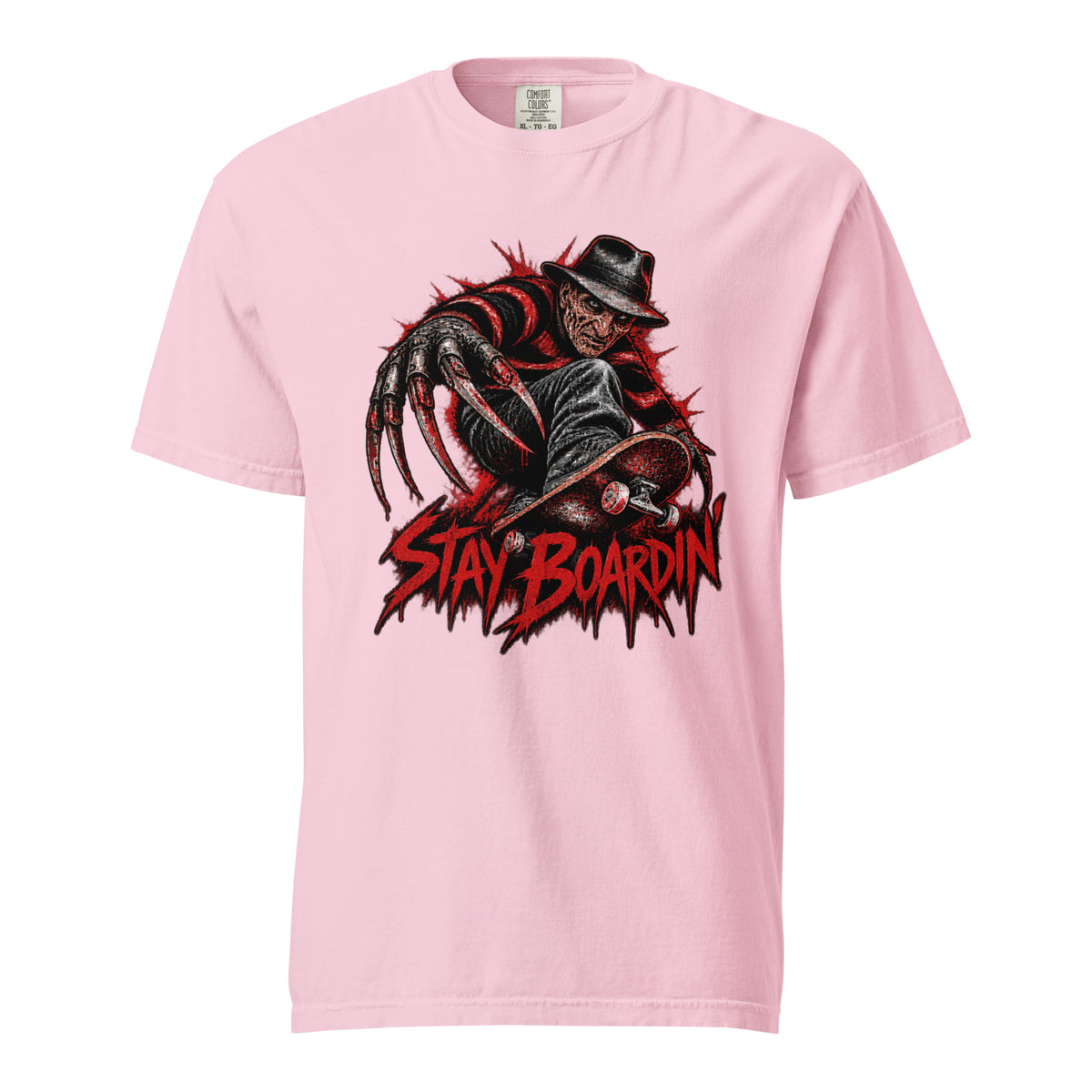 Front view of the Blossom T-shirt with a dark horror figure wearing a black hat, elongated claws, a skateboard, and “STAY BOARDIN’” text.
