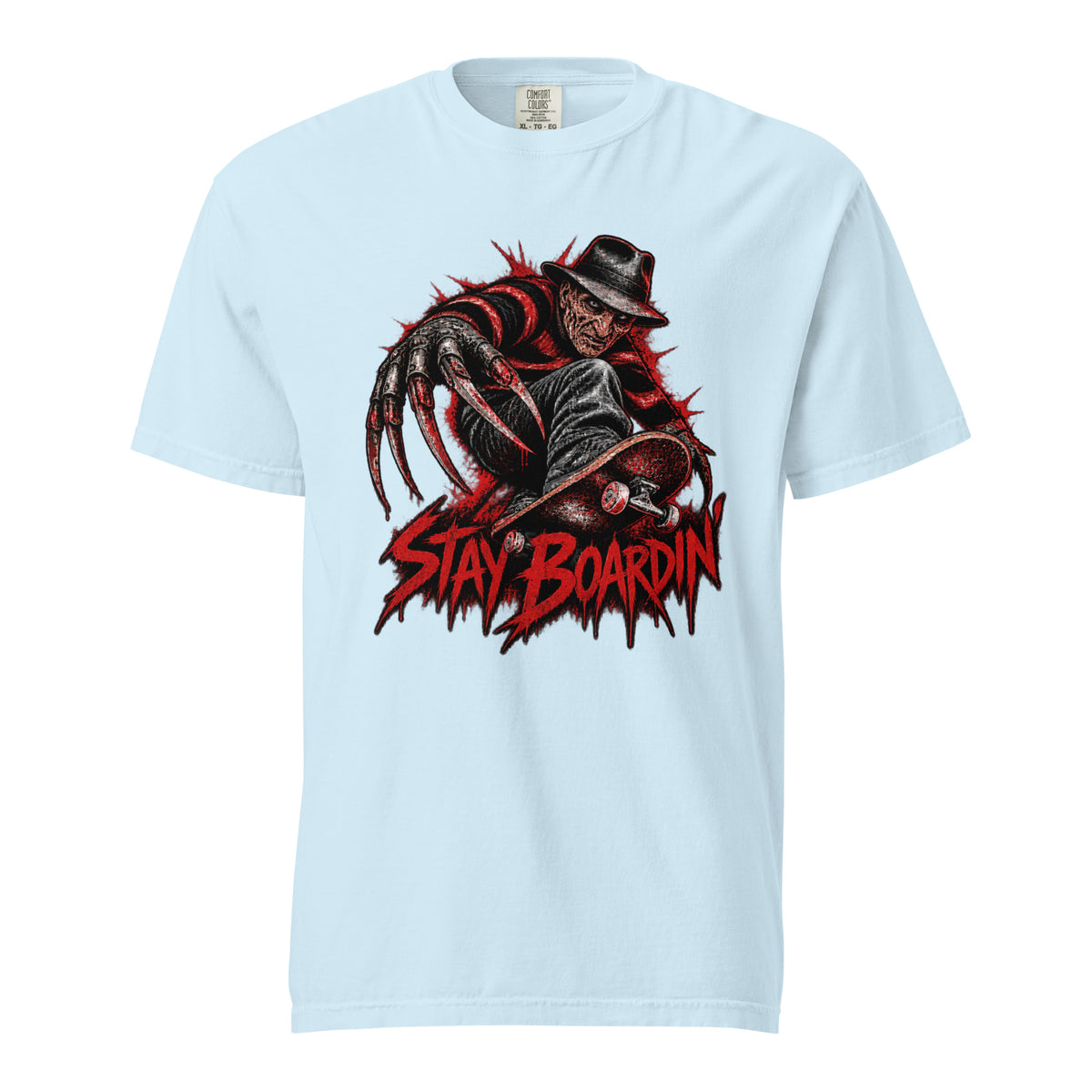 Front view of a Chambray T-shirt featuring a horror figure with elongated claws, a skateboard, and distressed red “STAY BOARDIN’” lettering.