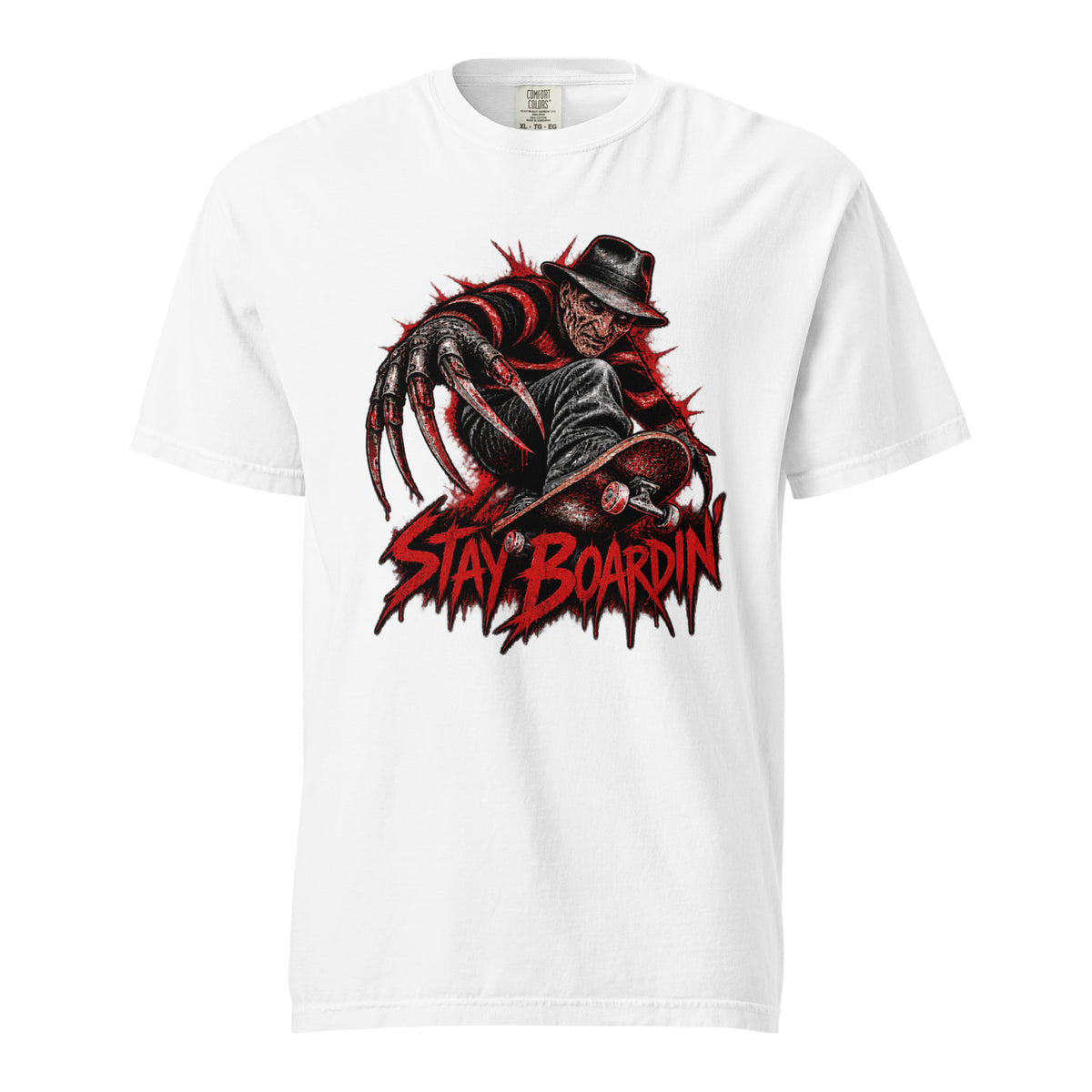 Front view of a White T-Shirt with a dark horror figure, skateboard, and distressed red “STAY BOARDIN’” graphic.