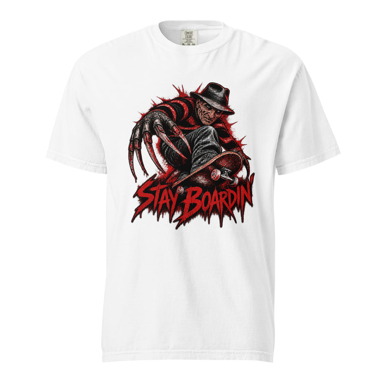 Front view of a White T-Shirt with a dark horror figure, skateboard, and distressed red “STAY BOARDIN’” graphic.