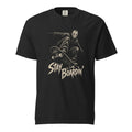 Front view of a black T-shirt featuring a masked skater crouching on a skateboard above distressed cream “STAY BOARDIN’” lettering.