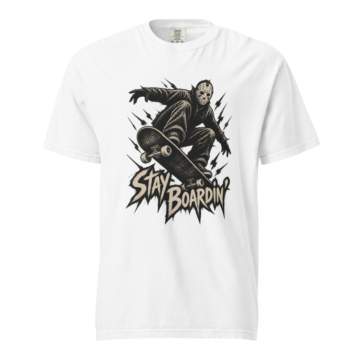 White T-shirt with a masked skater crouching on a skateboard above distressed “STAY BOARDIN’” lettering and sharp black motion marks.
