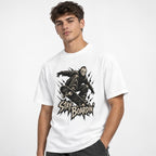 White T-shirt featuring a masked skater crouching on a skateboard above distressed “STAY BOARDIN’” lettering.