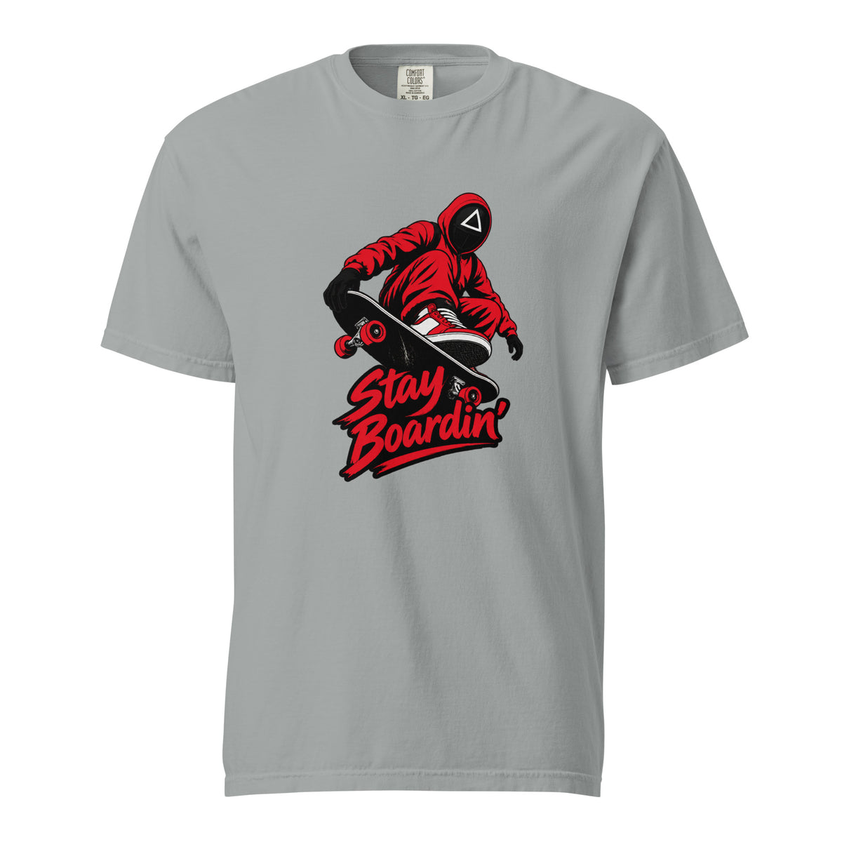 Granite T-shirt with a masked skateboarder riding a black skateboard above bold red “Stay Boardin'” lettering.