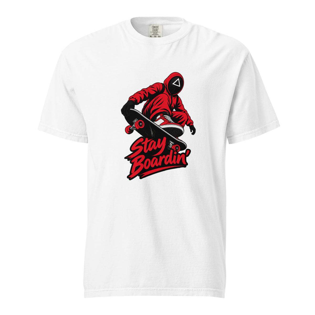 White T-shirt with a red and black graphic of a masked skateboarder riding a skateboard above bold “Stay Boardin'” lettering.