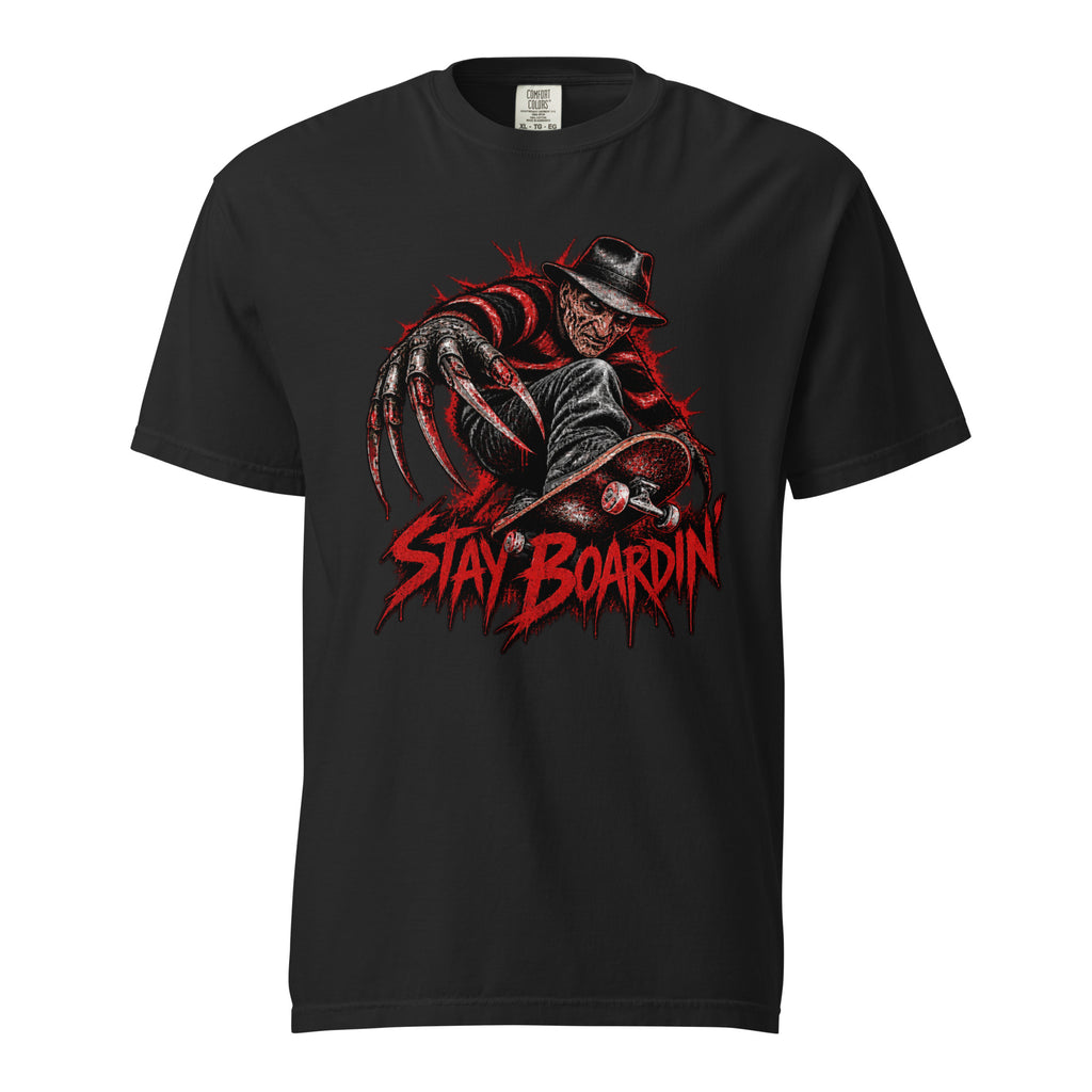 Black T-shirt with a horror figure wearing a black hat, elongated claws, a skateboard, and distressed red “STAY BOARDIN’” lettering.