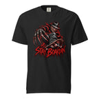 Black T-shirt with a horror figure wearing a black hat, elongated claws, a skateboard, and distressed red “STAY BOARDIN’” lettering.