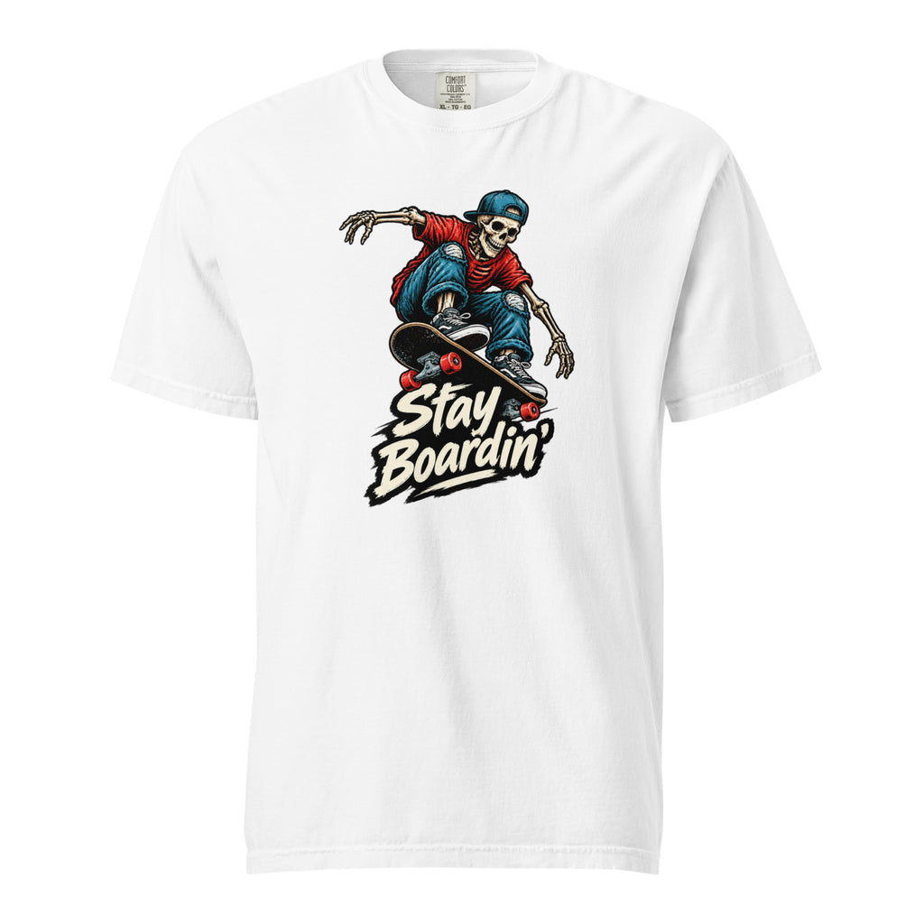 White T-shirt with a skeleton wearing a cap and riding a skateboard above bold “Stay Boardin'” lettering.