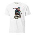 White T-shirt with a skeleton wearing a cap and riding a skateboard above bold “Stay Boardin'” lettering.