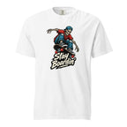 White T-shirt with a skeleton wearing a cap and riding a skateboard above bold “Stay Boardin'” lettering.