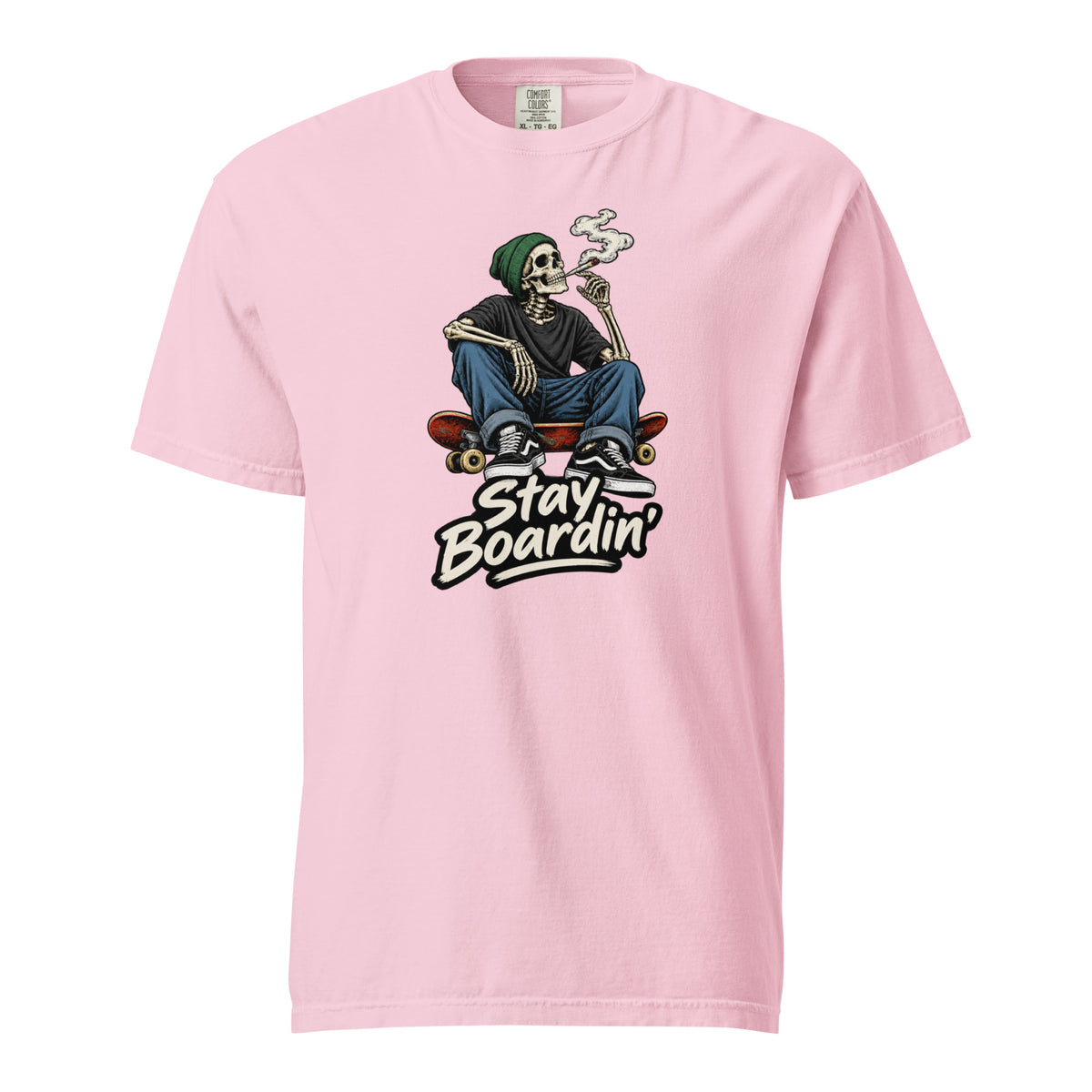Front view of a Blossom T-shirt with a seated smoking skeleton on a skateboard above bold “Stay Boardin’” lettering.