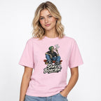 Front view of a Blossom T-shirt with a seated skeleton in a green beanie smoking on a skateboard above “Stay Boardin’” lettering.