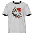 Front view of a Heather Gray Black T-shirt featuring a flying crane, red sun, flowering branch, and Stay 日本 artwork.