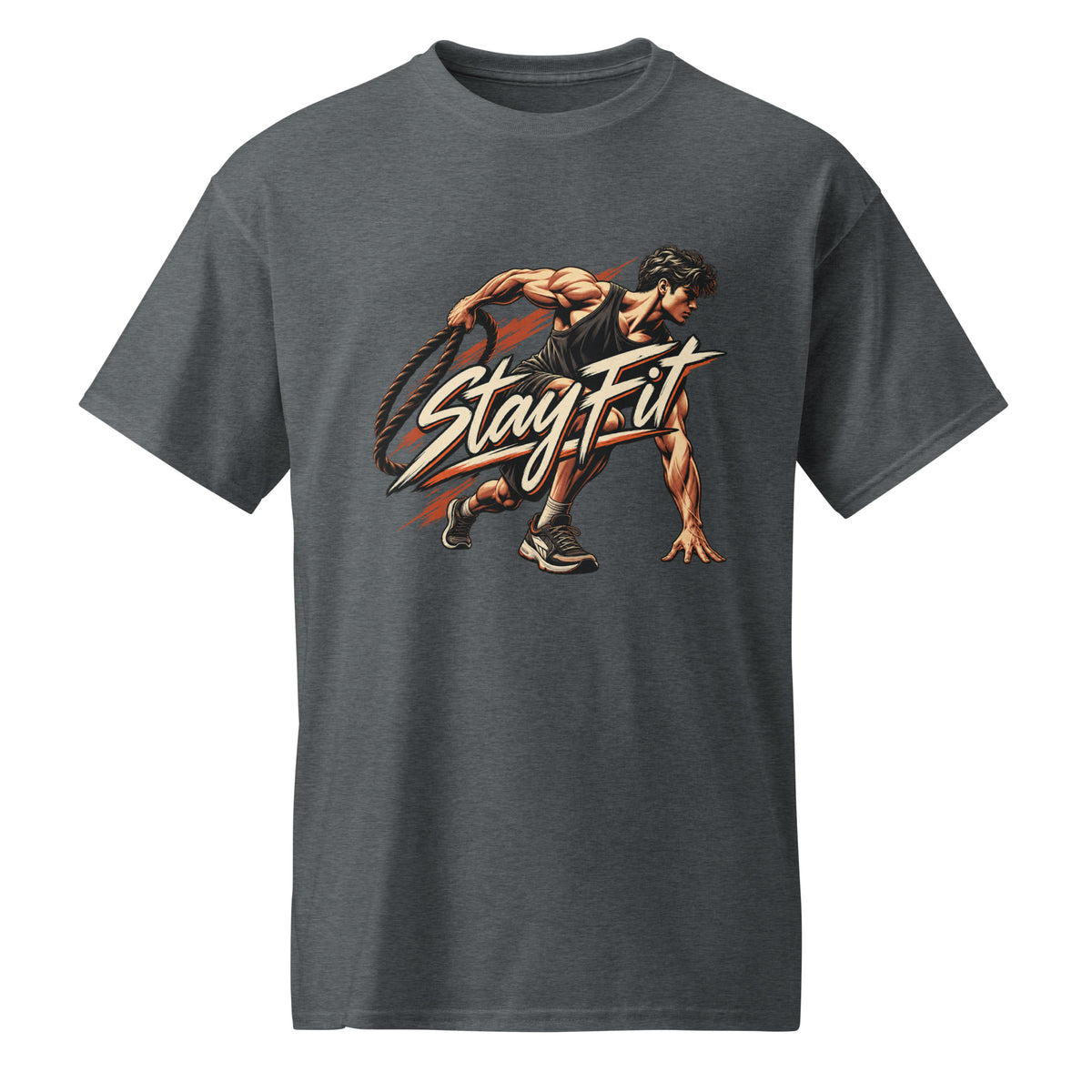 Dark Heather T-shirt featuring the words “Stay Fit” over a graphic of an athlete in a running stance