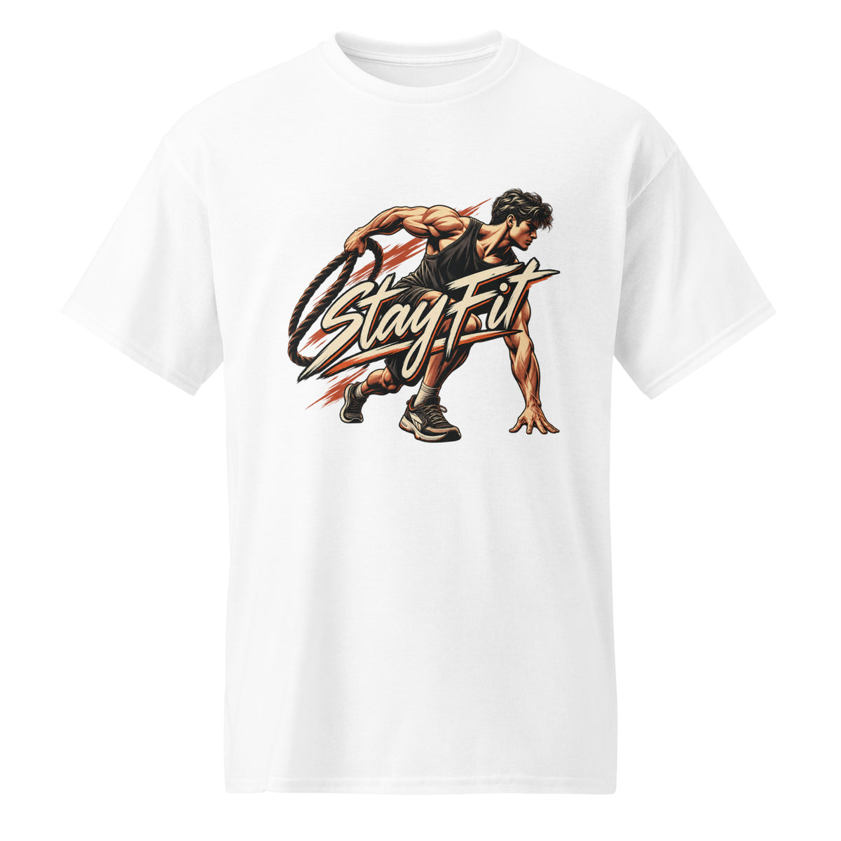 White T-shirt featuring an illustrated crouching athlete with bold script lettering that reads “Stay Fit”