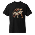 Black T-shirt featuring the readable words “Stay Fit” over a dynamic illustration of a crouching athlete.