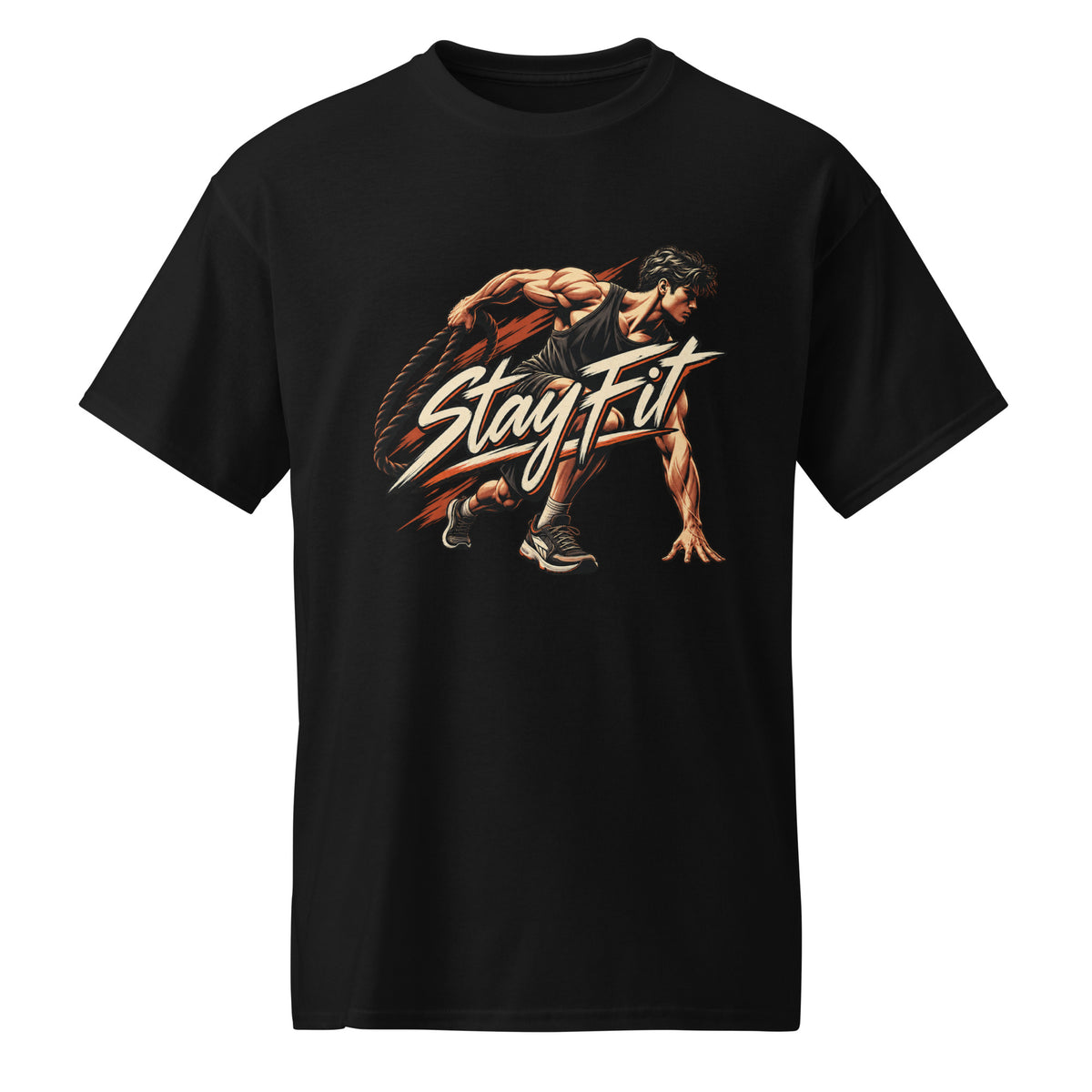 Black T-shirt featuring the readable words “Stay Fit” over a dynamic illustration of a crouching athlete.