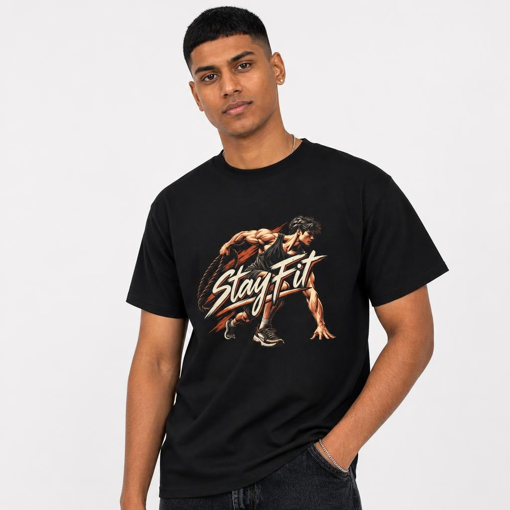 Stay Fit Fitness Graphic t shirt in Black worn by a studio model in an upper-body three quarter right pose on a clean white background