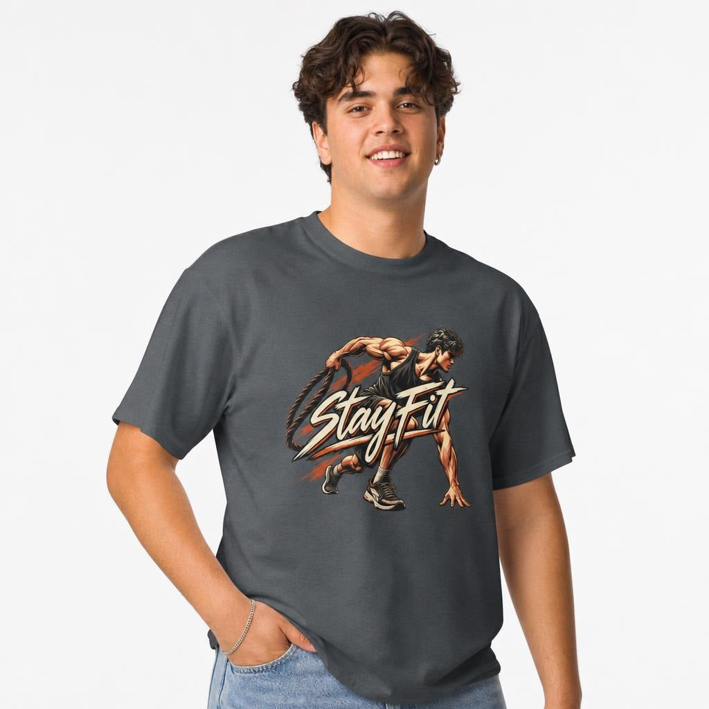Stay Fit Fitness Graphic t shirt in Dark Heather worn by a studio model in an upper-body three quarter left pose on a clean white background