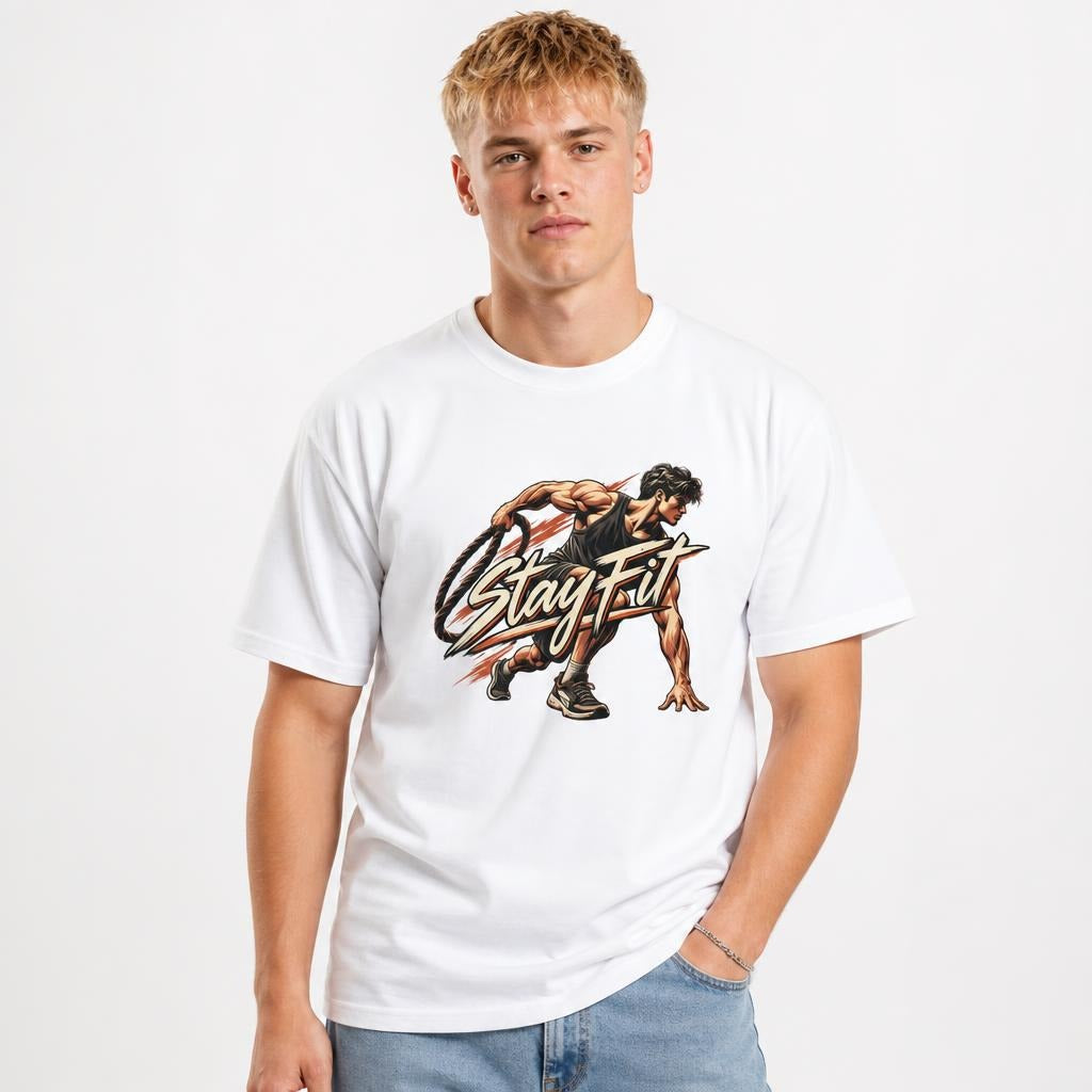 Stay Fit Fitness Graphic t shirt in White worn by a studio model in an upper-body front relaxed pose on a clean white background