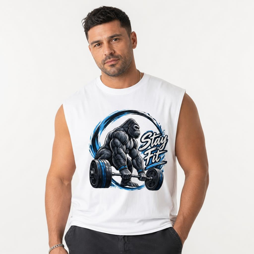 Stay Fit Gorilla Fitness Graphic tank top in White worn by a studio model in an upper-body front relaxed pose on a clean white background