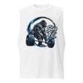 White tank top featuring a muscular gorilla lifting a barbell with blue accents and the words “Stay Fit.”