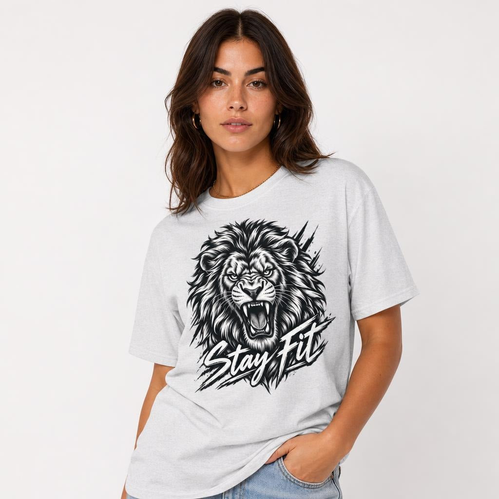 Stay Fit Lion Fitness Graphic t shirt in Ash worn by a studio model in an upper-body three quarter left pose on a clean white background