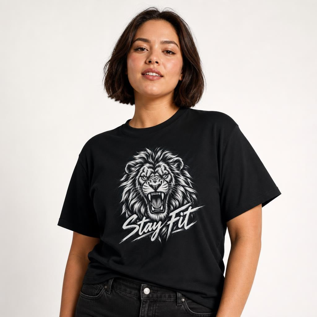 Stay Fit Lion Fitness Graphic t shirt in Black worn by a studio model in an upper-body walking pose on a clean white background