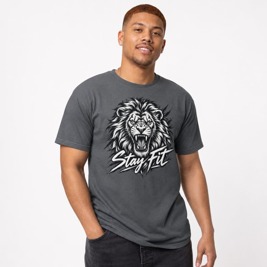 Stay Fit Lion Fitness Graphic t shirt in Dark Heather worn by a studio model in an upper-body three quarter right pose on a clean white background