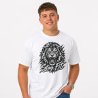 Stay Fit Lion Fitness Graphic t shirt in White worn by a studio model in an upper-body front relaxed pose on a clean white background