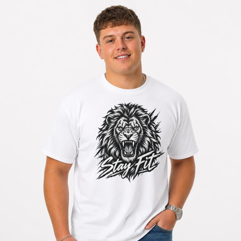Stay Fit Lion Fitness Graphic t shirt in White worn by a studio model in an upper-body front relaxed pose on a clean white background