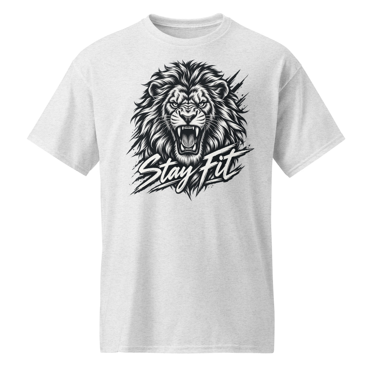 Ash T-shirt featuring a fierce roaring lion graphic with the words “Stay fit” across the design