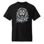 Black T-shirt featuring a roaring lion graphic above the clearly visible words “Stay Fit” in white script.