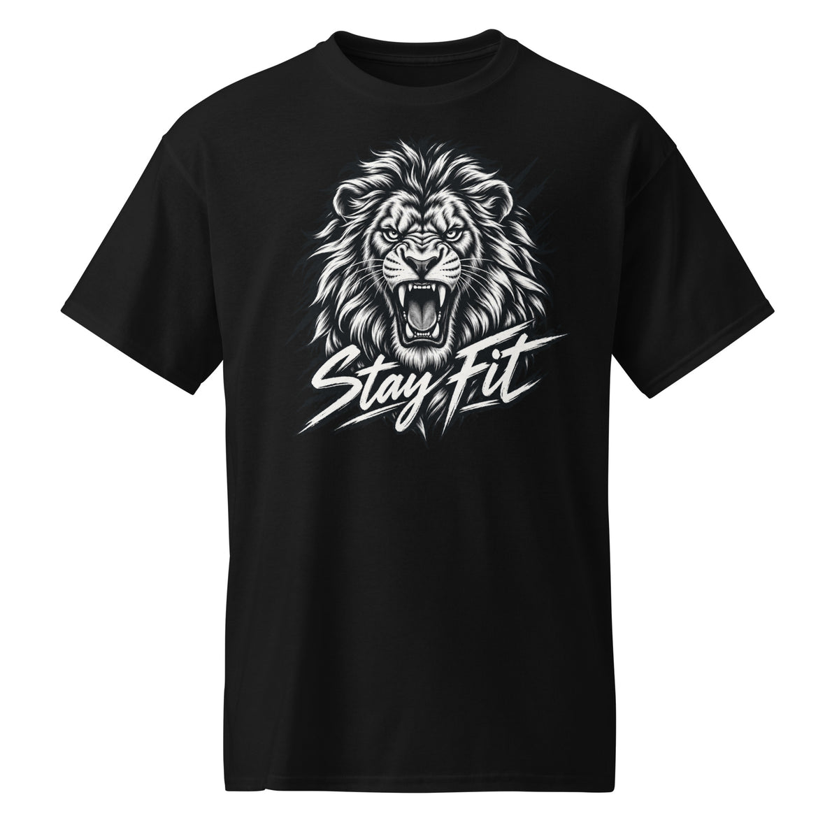 Black T-shirt featuring a roaring lion graphic above the clearly visible words “Stay Fit” in white script.