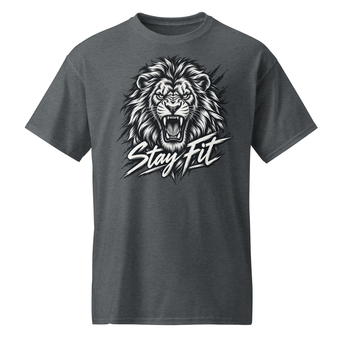 Front view of a Dark Heather T-shirt featuring a roaring lion graphic above the bold words “Stay Fit”.