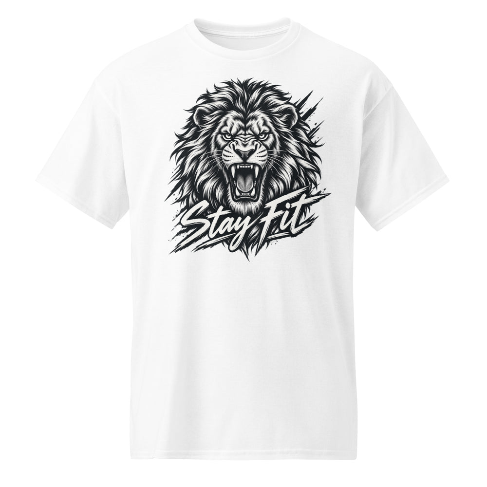 White T-shirt featuring a detailed roaring lion graphic with the words “Stay fit” across the design.