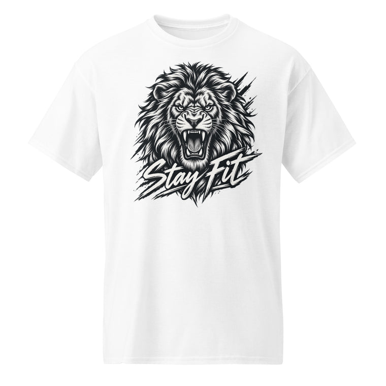 White T-shirt featuring a detailed roaring lion graphic with the words “Stay fit” across the design.