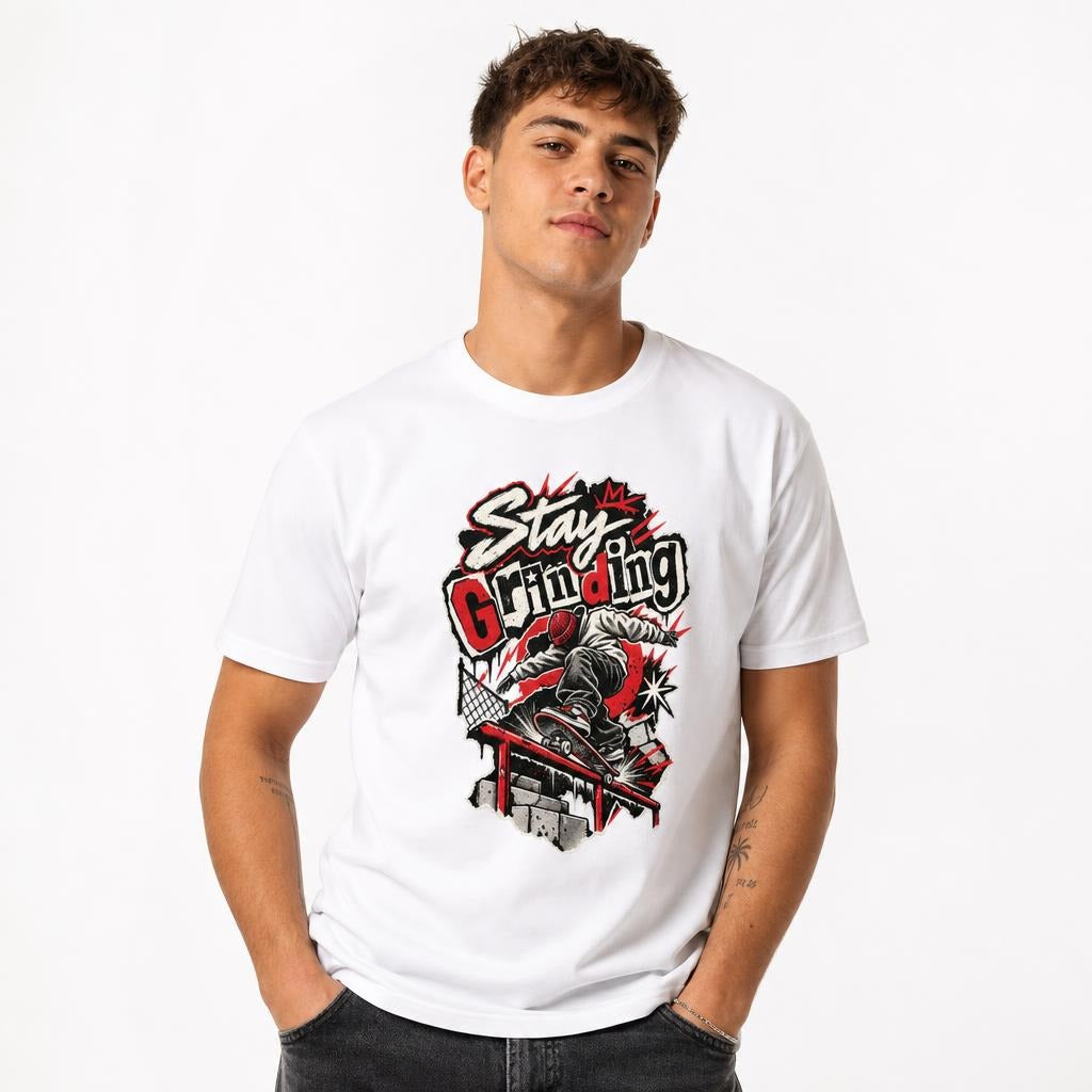 Stay Grinding Skateboarder t shirt in White worn by a studio model in an upper-body front relaxed pose on a clean white background