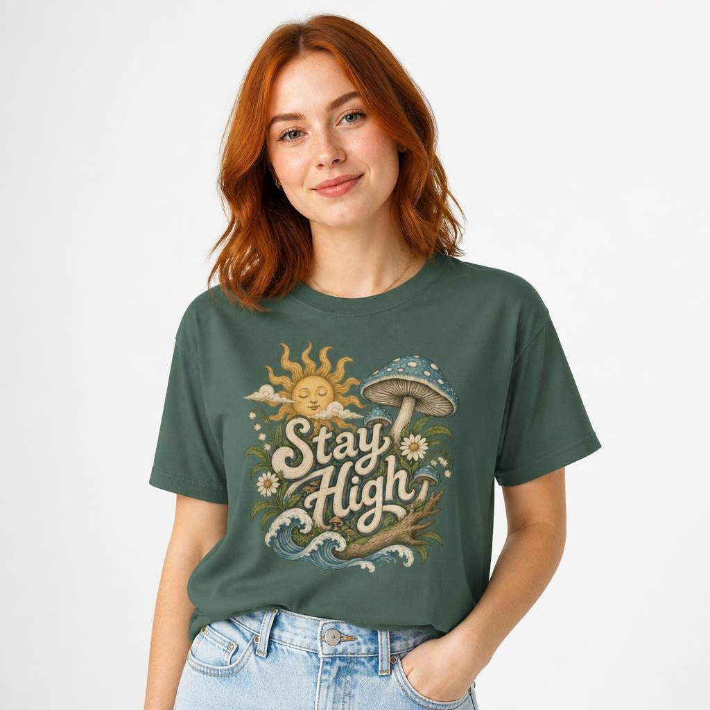 Stay High Mushroom Artwork Graphic t shirt in Blue Spruce worn by a studio model in an upper-body three quarter left pose on a clean white background