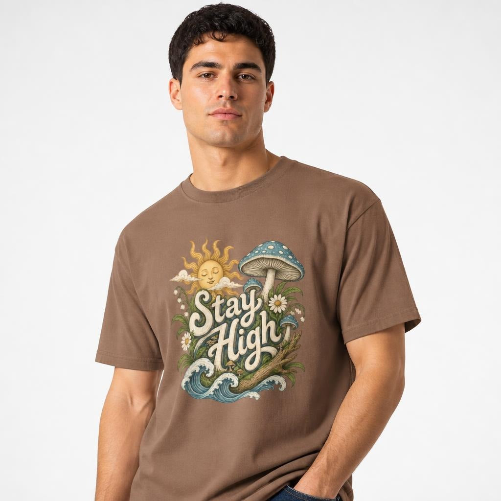 Stay High Mushroom Artwork Graphic t shirt in Espresso worn by a studio model in an upper-body three quarter right pose on a clean white background