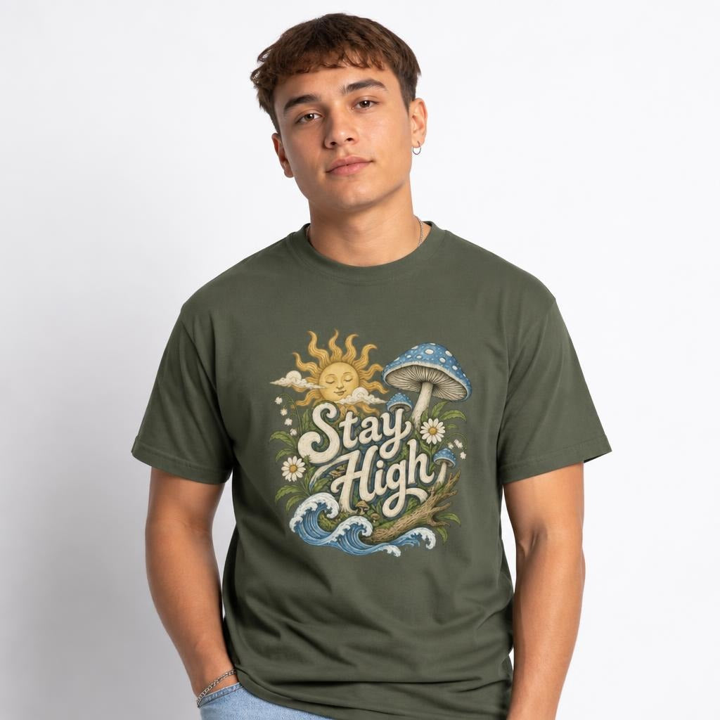 Stay High Mushroom Artwork Graphic t shirt in Sage worn by a studio model in an upper-body front relaxed pose on a clean white background
