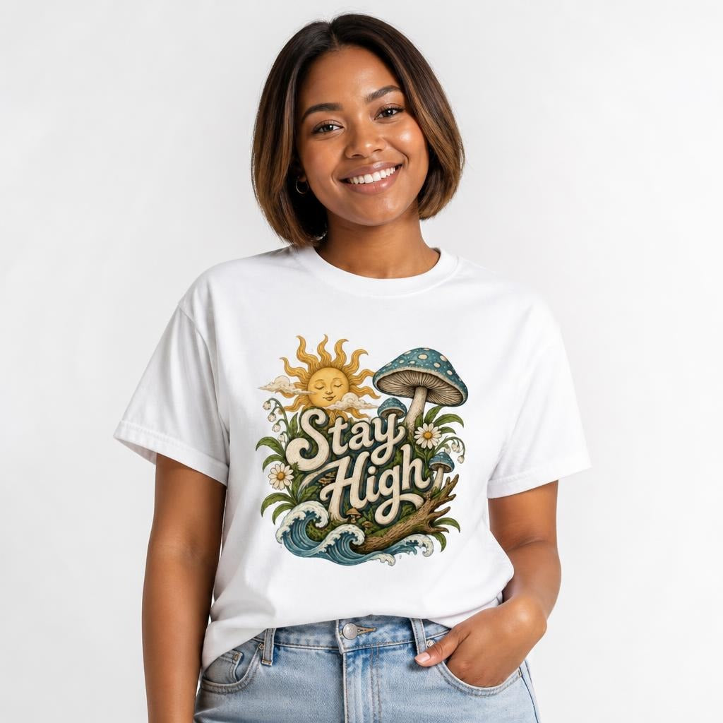 Stay High Mushroom Artwork Graphic t shirt in White worn by a studio model in an upper-body walking pose on a clean white background