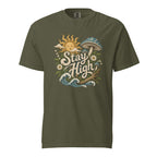 Sage T-shirt with readable “Stay High” lettering, a blue mushroom, smiling sun, flowers, foliage, and curling ocean waves.