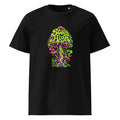 Front view of a black T-shirt with colorful psychedelic mushroom artwork and the words “Stay High” on the chest