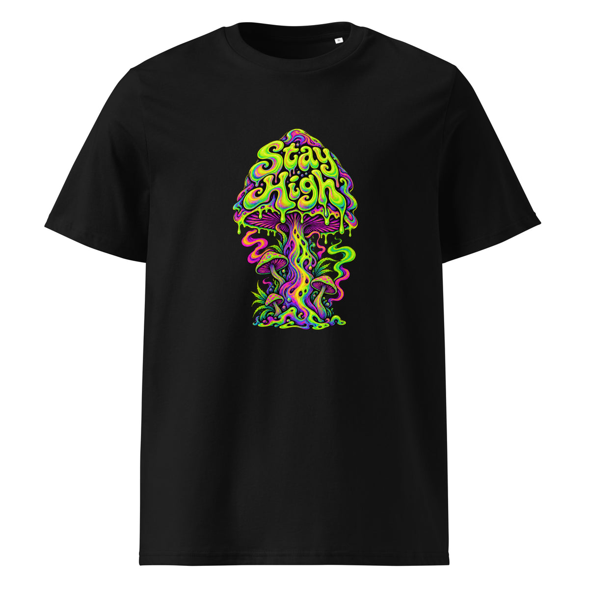 Front view of a black T-shirt with colorful psychedelic mushroom artwork and the words “Stay High” on the chest
