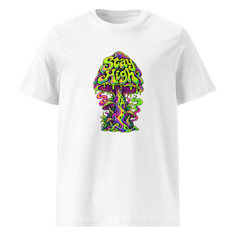 White T-shirt featuring colorful psychedelic mushroom artwork with the words “Stay High” across the cap.