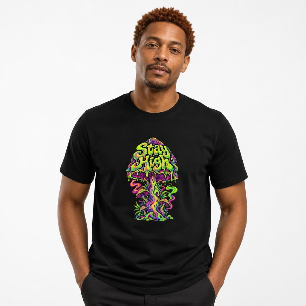Stay High t shirt in Black worn by a studio model in an upper-body walking pose on a clean white background