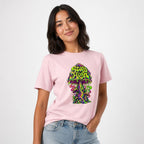 Stay High t shirt in Cotton Pink worn by a studio model in an upper-body three quarter left pose on a clean white background